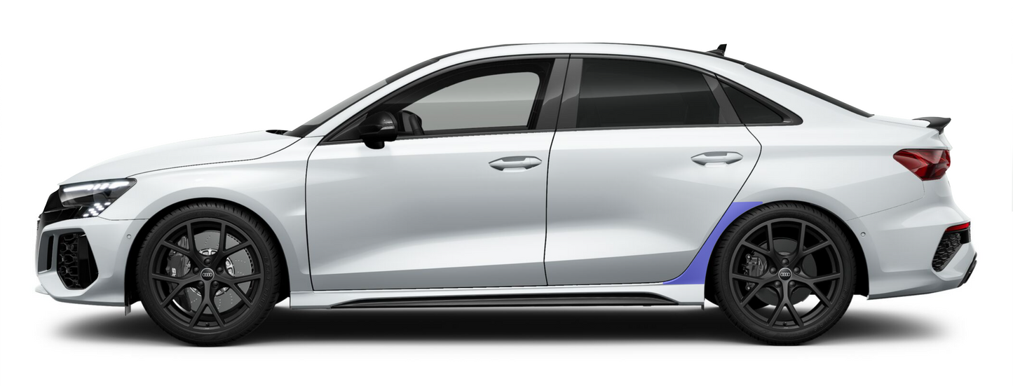 Audi A3, S3, RS3 saloon sedan rear quarter self healing PPF kit coverage area.