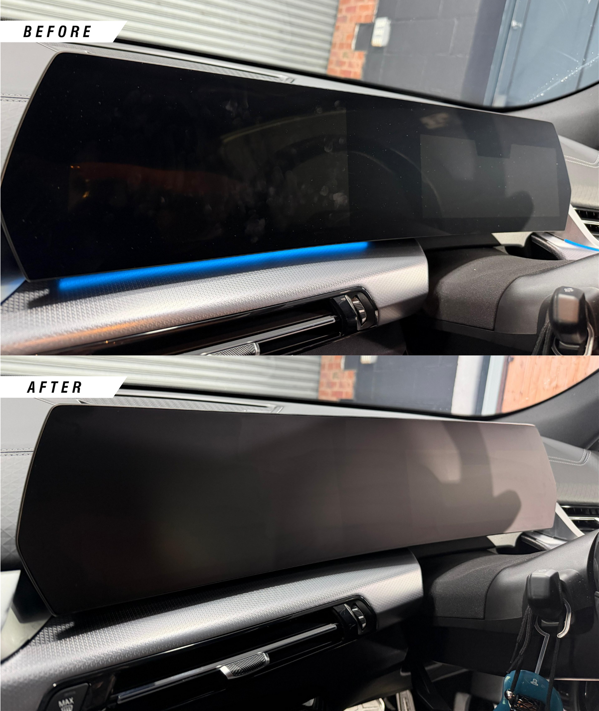 Before & after of BMW 1 Series, M135 F70, 2 Series Gran Coupe, M235 F74, X1 U11 & X2 U10 satin anti-glare & anti-fingerprints iDrive screen protector PPF installed.