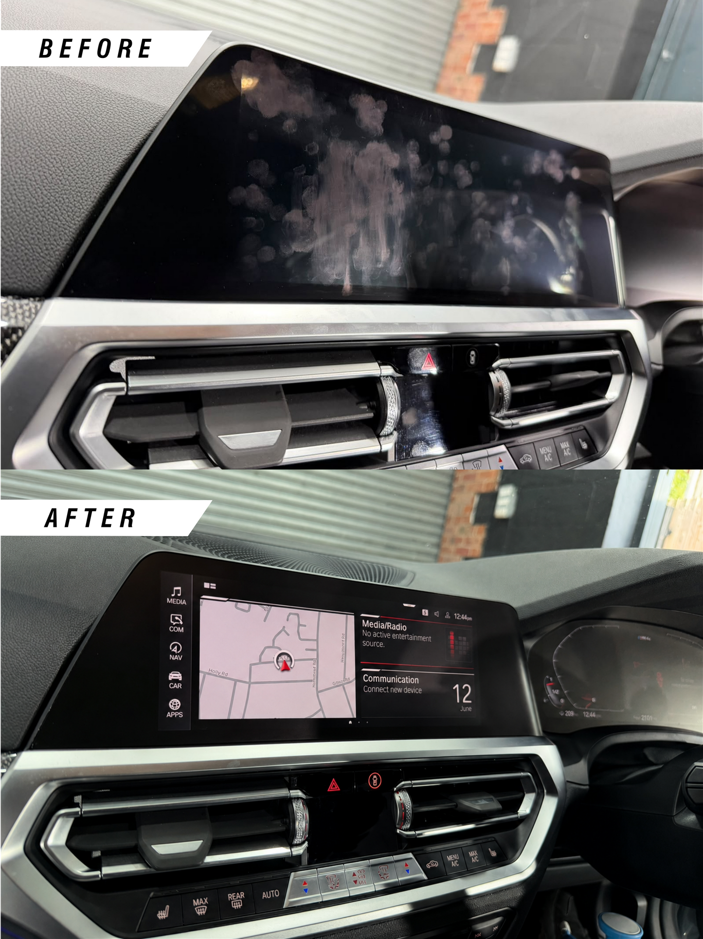 Before & after of BMW 2 Series, M2 G42 G87, 3 Series, M3 G20 G80, 4 Series, M4, G22 G82 satin anti-glare & anti-fingerprints iDrive screen protector PPF installed.