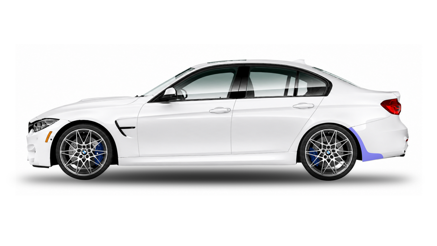 Illustration of a white BMW M3 & M3 Competition F80 side profile showcasing the placement of the paint protection film kits, including rear bumper arch.