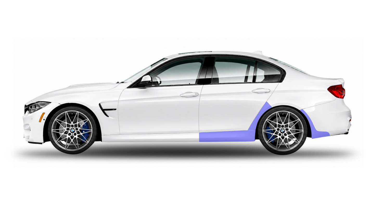 Illustration of a white BMW M3 & M3 Competition F80 side profile showcasing the placement of the paint protection film kits, including larger reach arch, side skirt, and rear bumper arch.