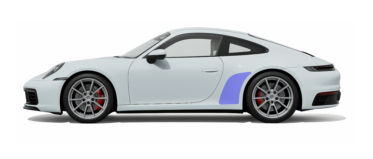 Side profile of Porsche 911 992 Carrera illustrating OEM coverage of a rear quarter premium self healing PPF kit.