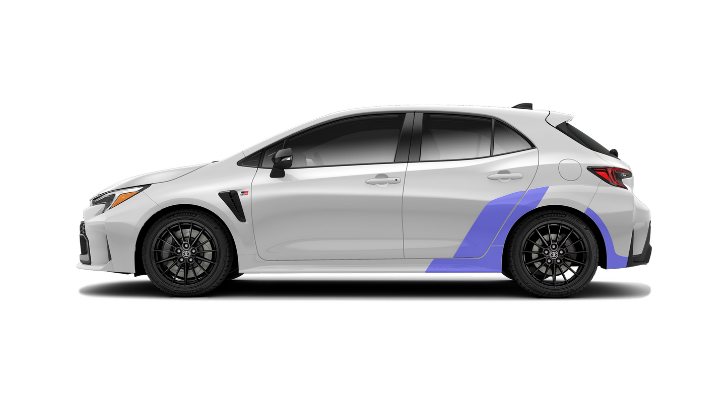 Illustration of a Toyota Corolla GR with paint protection film kits applied to the side profile, including rear door, quarter arch, side skirt, rear wheel, and bumper areas.