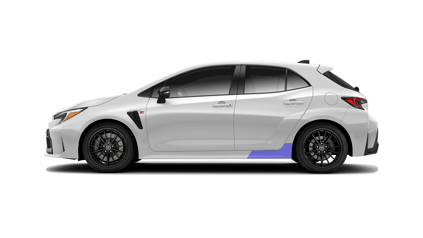 A side profile image of a Toyota Corolla GR showcasing the location of the side skirt paint protection film kit.