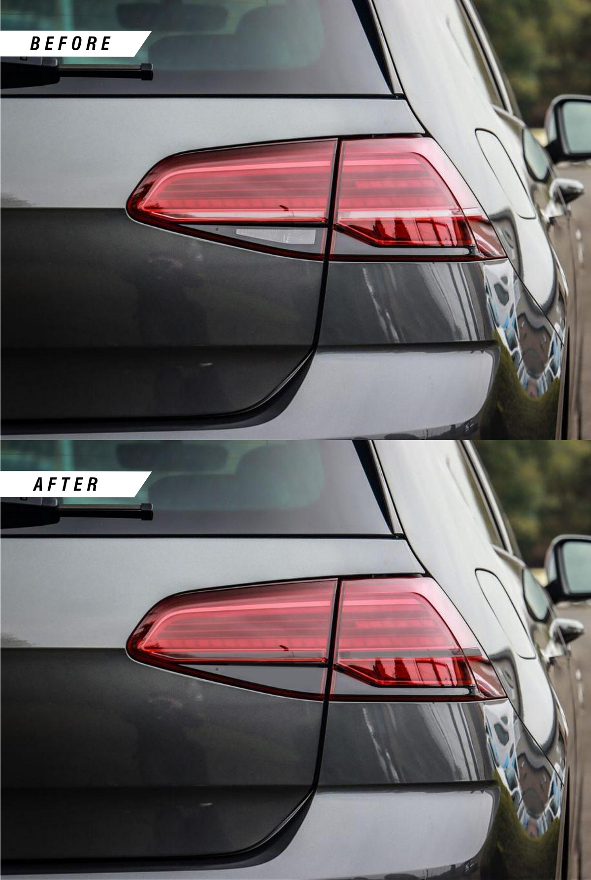 VW Golf R MK7.5 before & after of rear reverse indicator tinted overlay stickers finished in medium PPF tint.