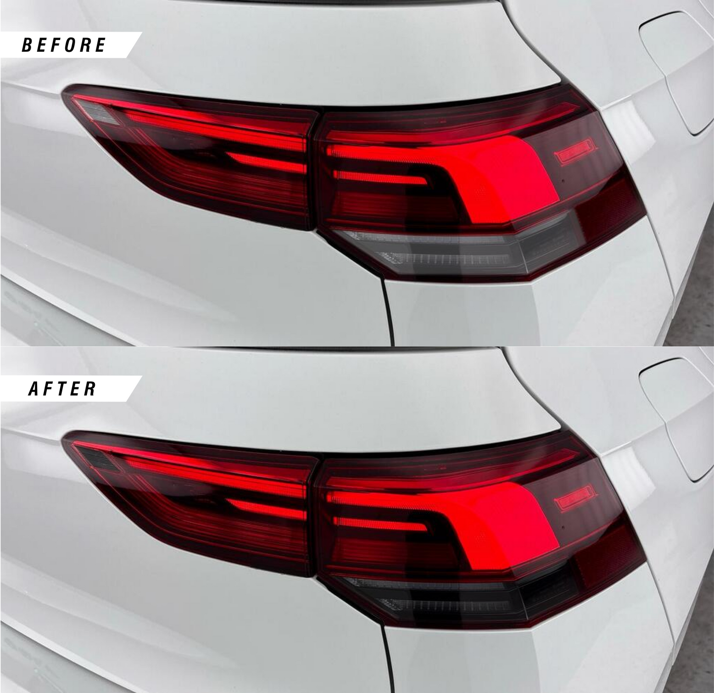 VW Golf MK8 reverse rear light tinted overlays in medium tint before and after on a USA spec car.