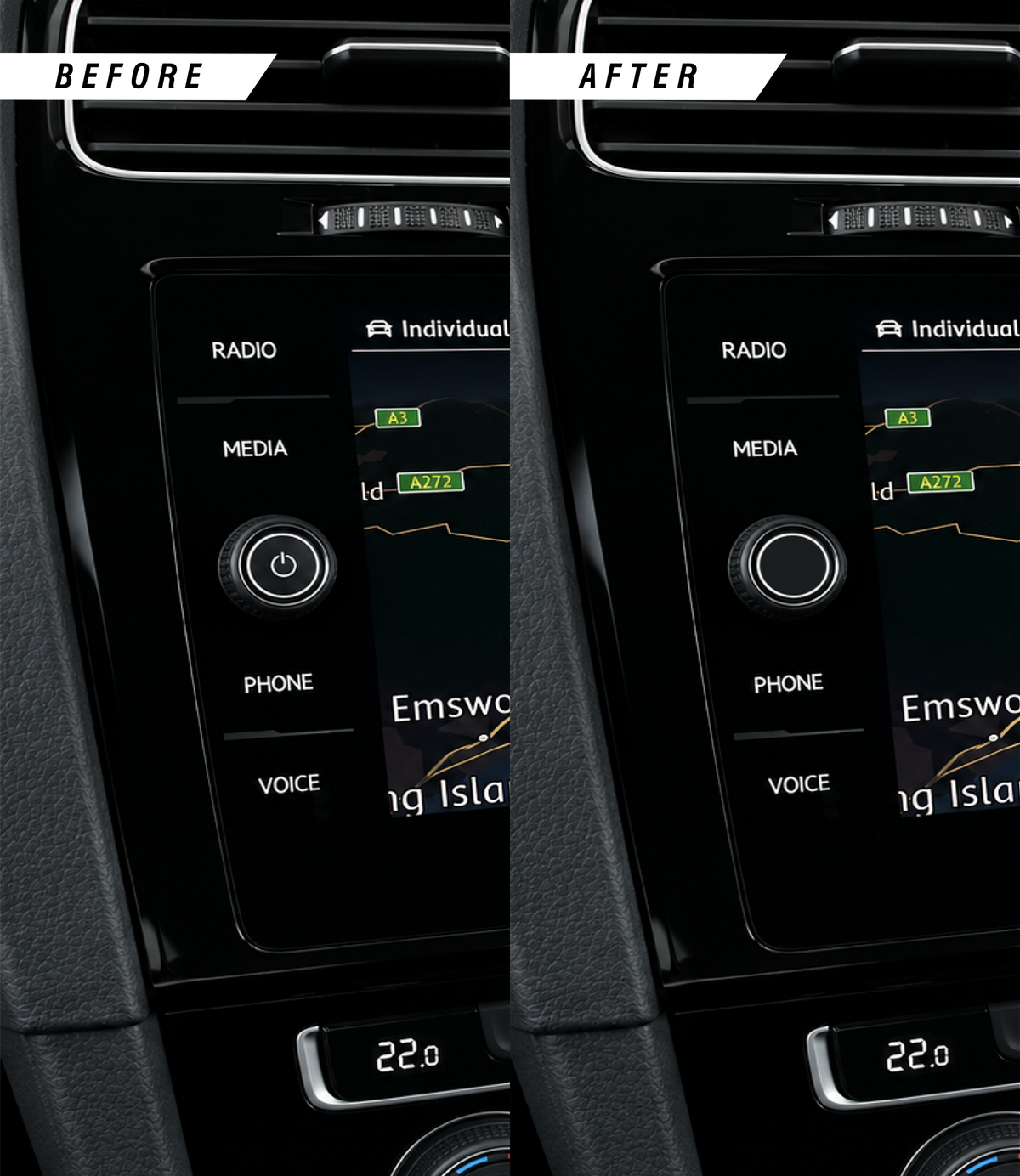 VW, Skoda & Seat media screen power button removal overlay sticker before & after.