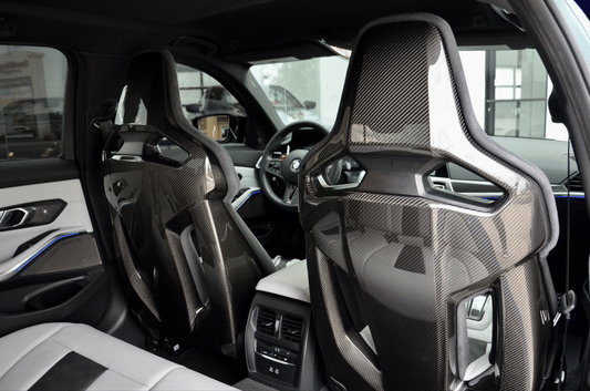 BMW M2, M3, M4 & M5 carbon fibre bucket seat PPF protection kit installed.