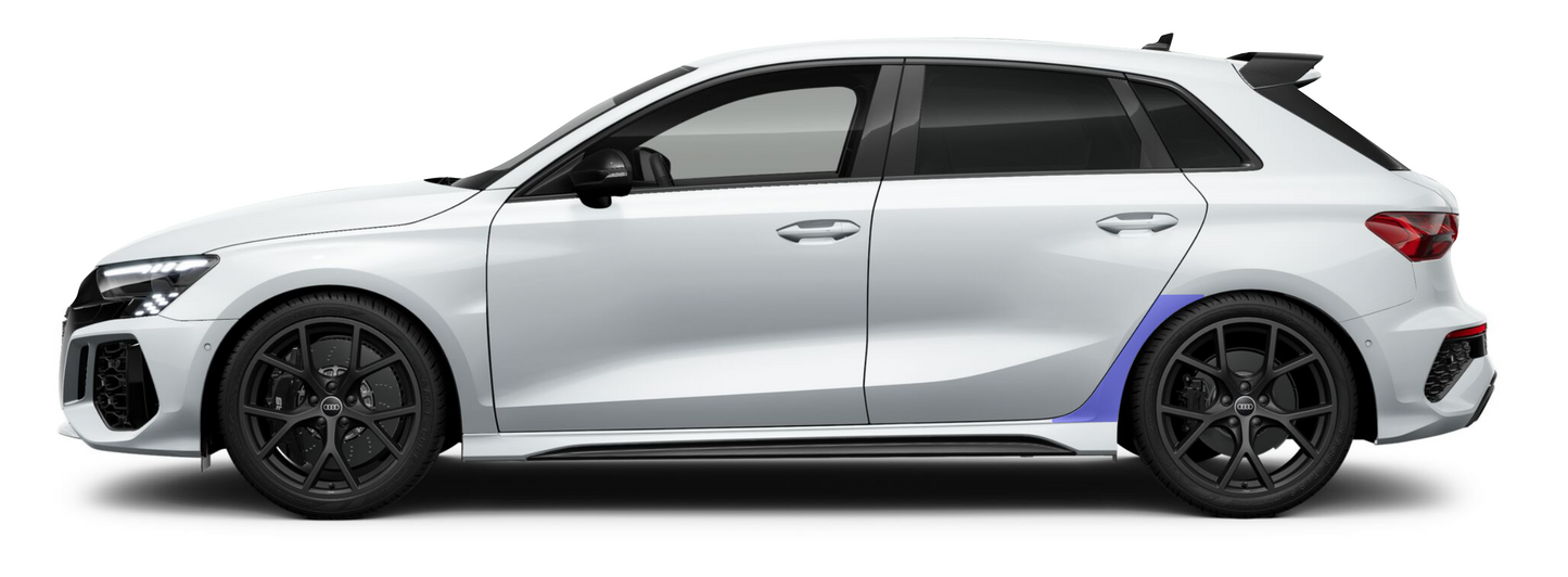 Audi A3, S3, RS3 sportback rear quarter self healing PPF kit coverage area.