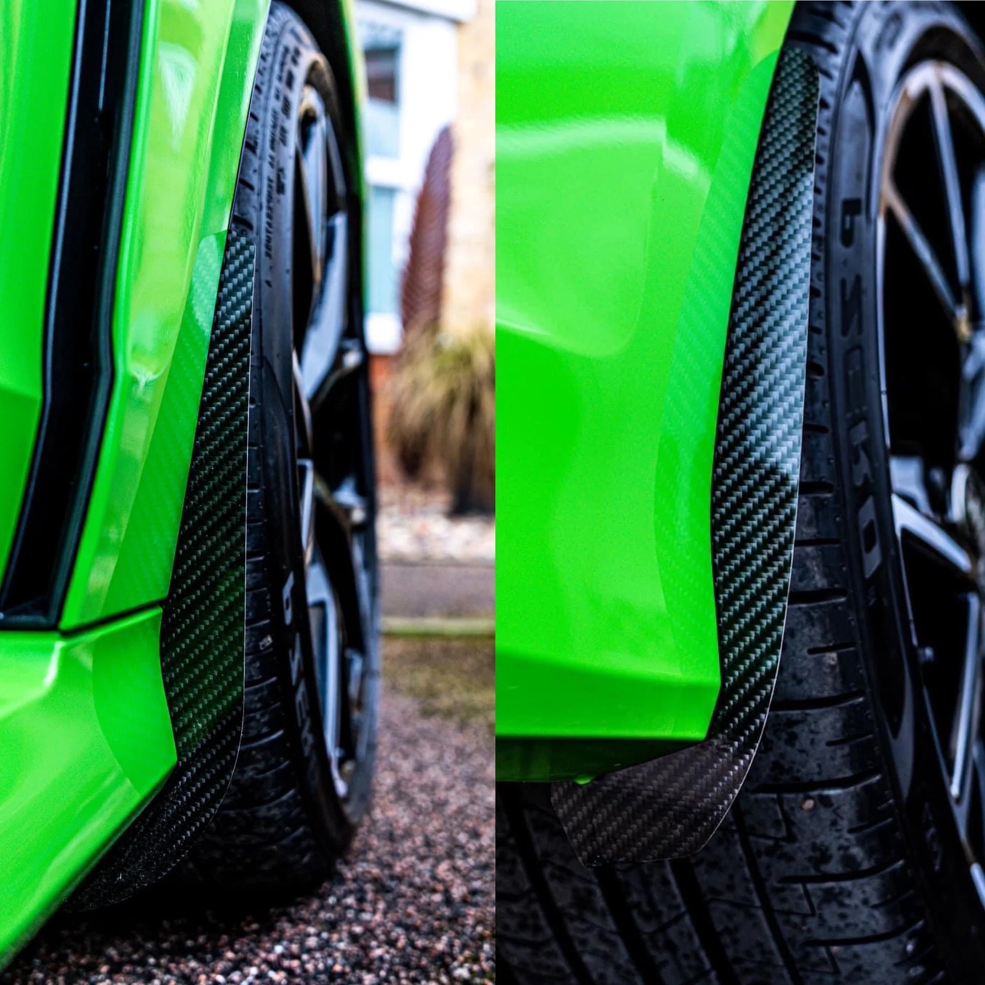 A set of carbon fiber arch arch guards fitted to an Audi RS3 8Y & 8.5Y, showing both front and rear guard fitment.