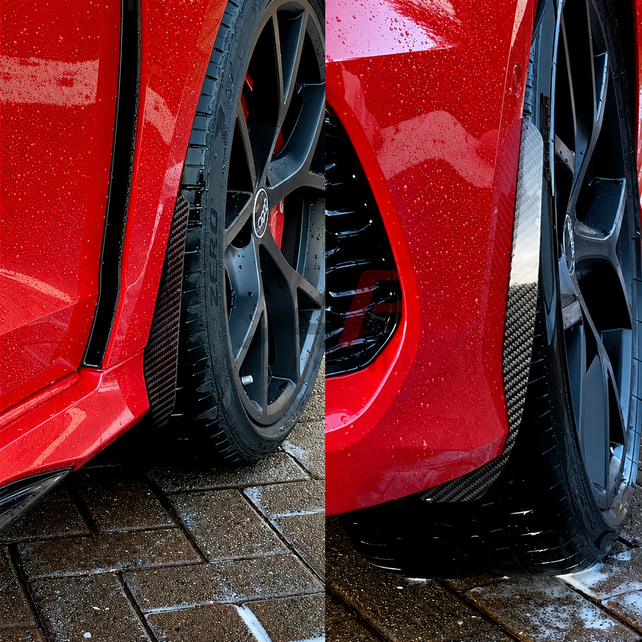 Audi A3 & S3 8.5Y & 8Y carbon fiber arch guards installed to both the front and rear of the car, protecting the side profile of the car from stone chips and debris.