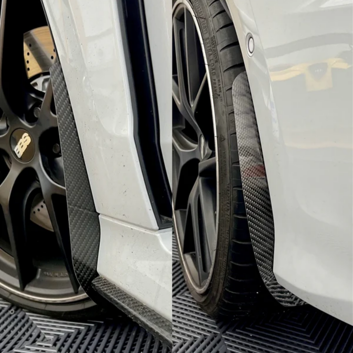 Audi RS3 8.5Y Facelift & 8Y Pre-Facelift arch guards / mud flaps installed, finished in gloss carbon fibre.