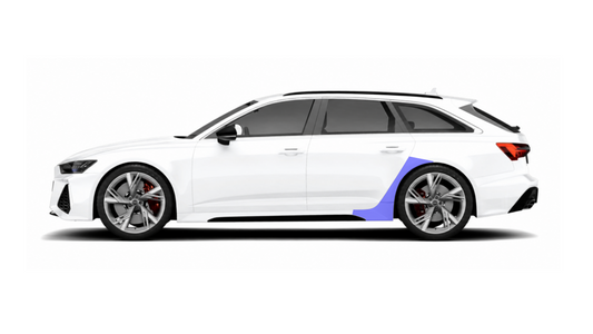 Audi RS6 C8 vehicle with a full side profile paint protection film package, showcasing the film's applied area which includes the rear quarter panel and side skirt.
