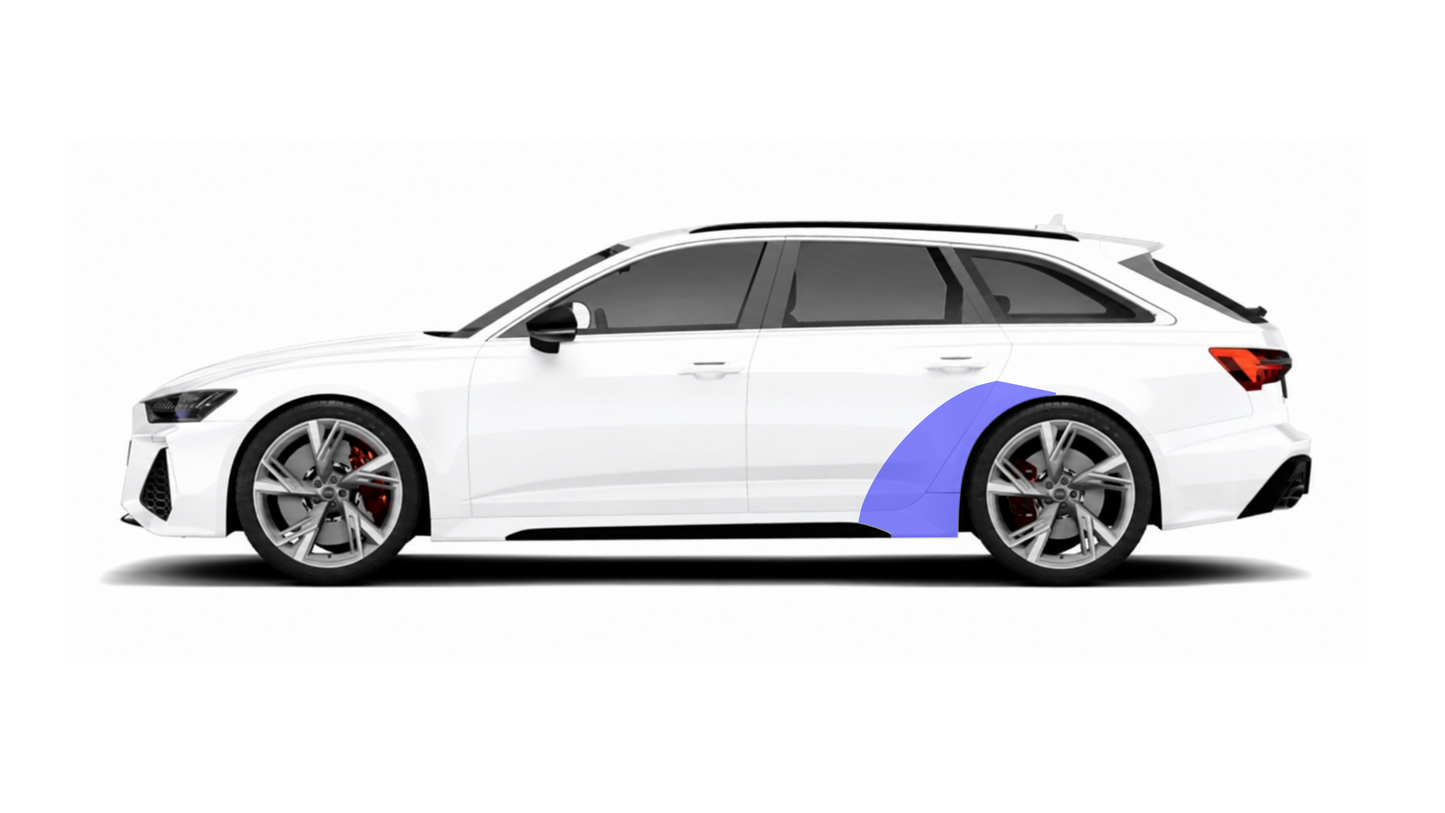 Audi RS6 C8 side profile PPF kit, demonstrating the coverage across the rear arches, side skirt and bumper wheel arch, protecting against stone damage, and road debris.
