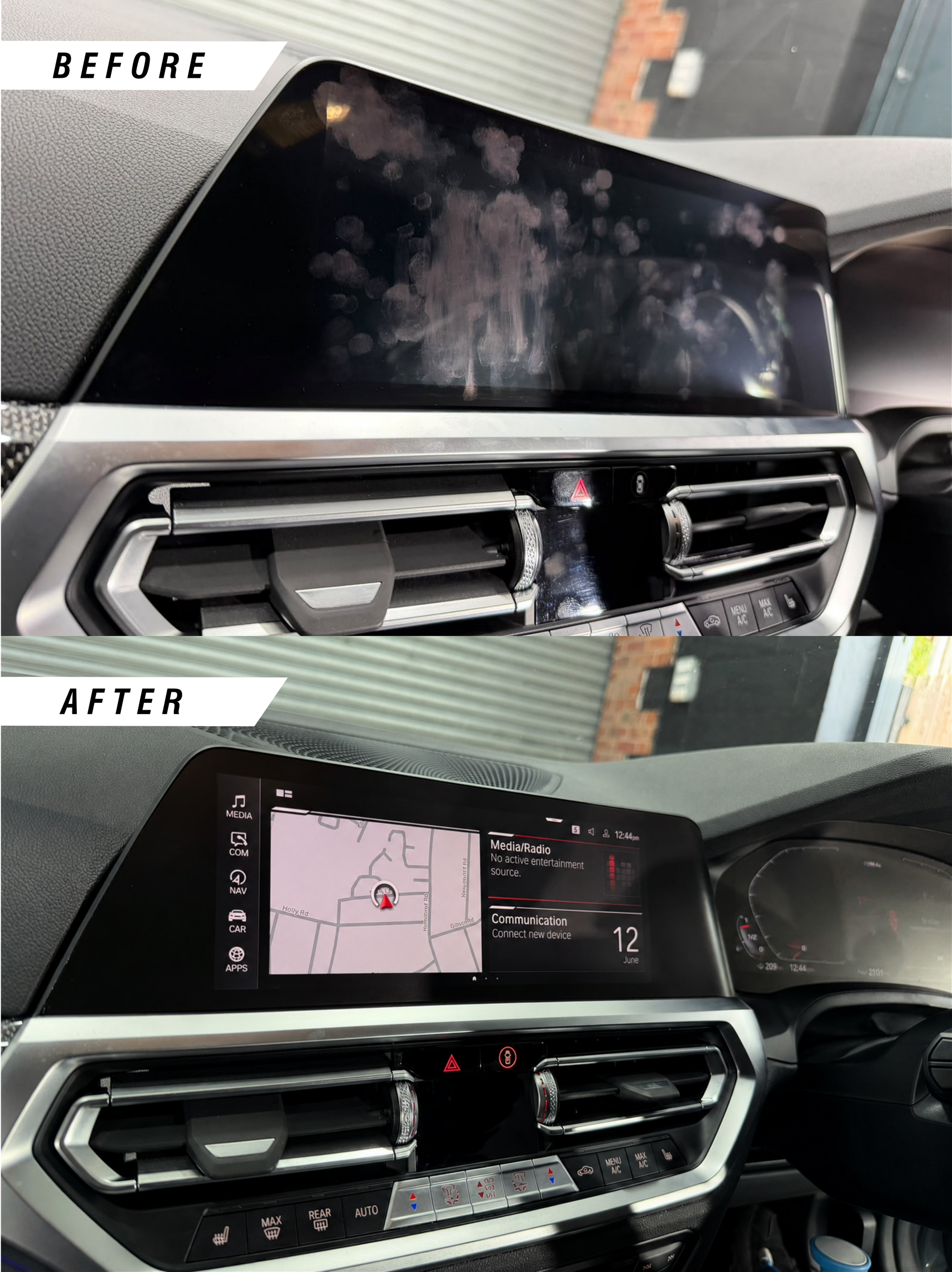 Before & after of BMW 2 Series, M2 G42 G87, 3 Series, M3 G20 G80, 4 Series, M4, G22 G82 satin anti-glare & anti-fingerprints iDrive screen protector PPF installed.
