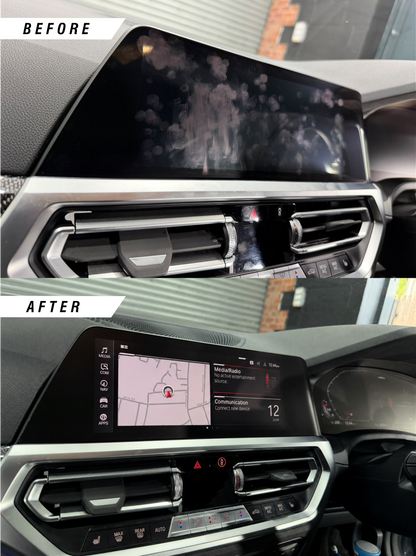 Before & after of BMW 2 Series, M2 G42 G87, 3 Series, M3 G20 G80, 4 Series, M4, G22 G82 satin anti-glare & anti-fingerprints iDrive screen protector PPF installed.