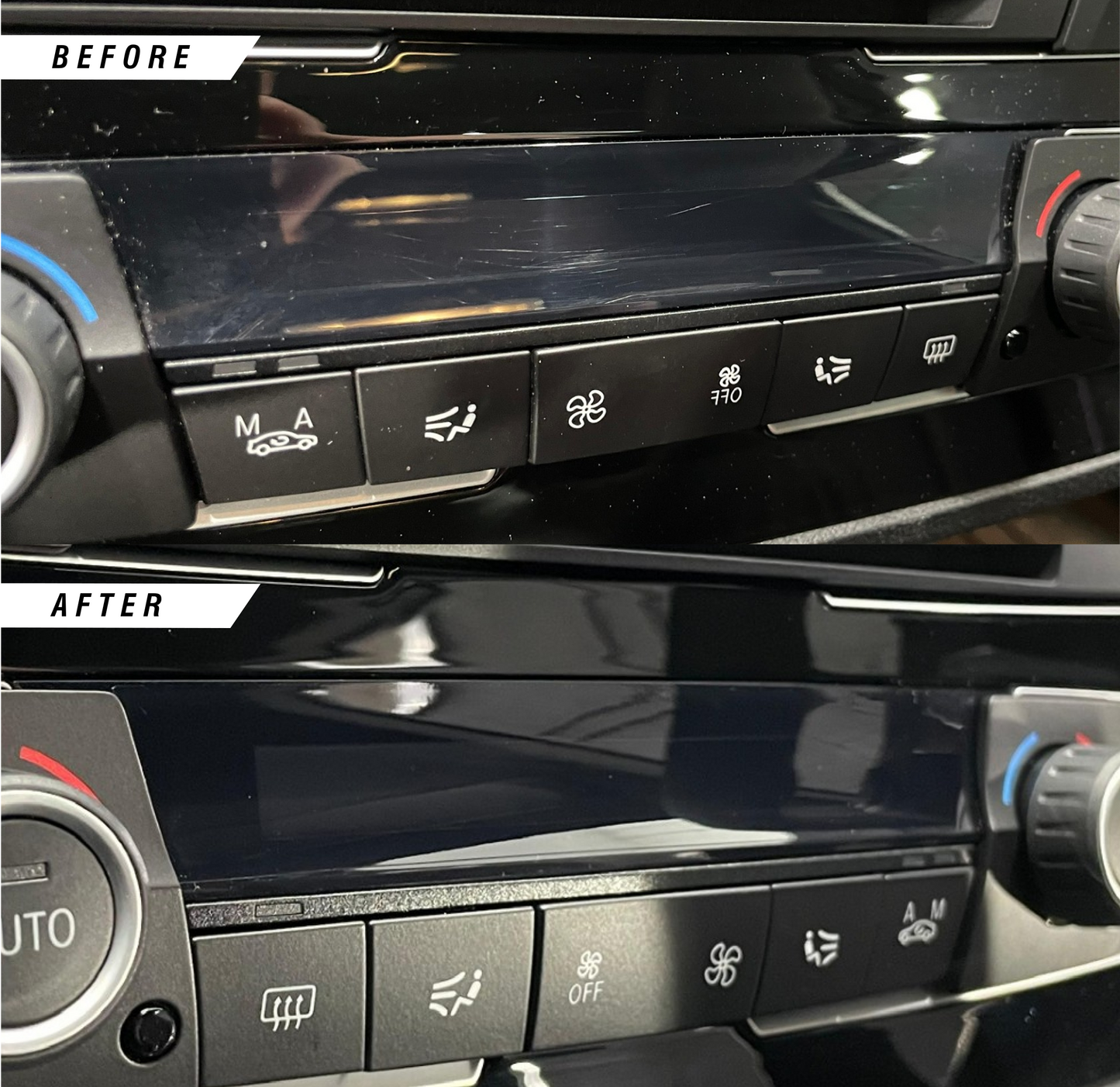BMW F Series Climate Control Screen PPF befor and after installation. 