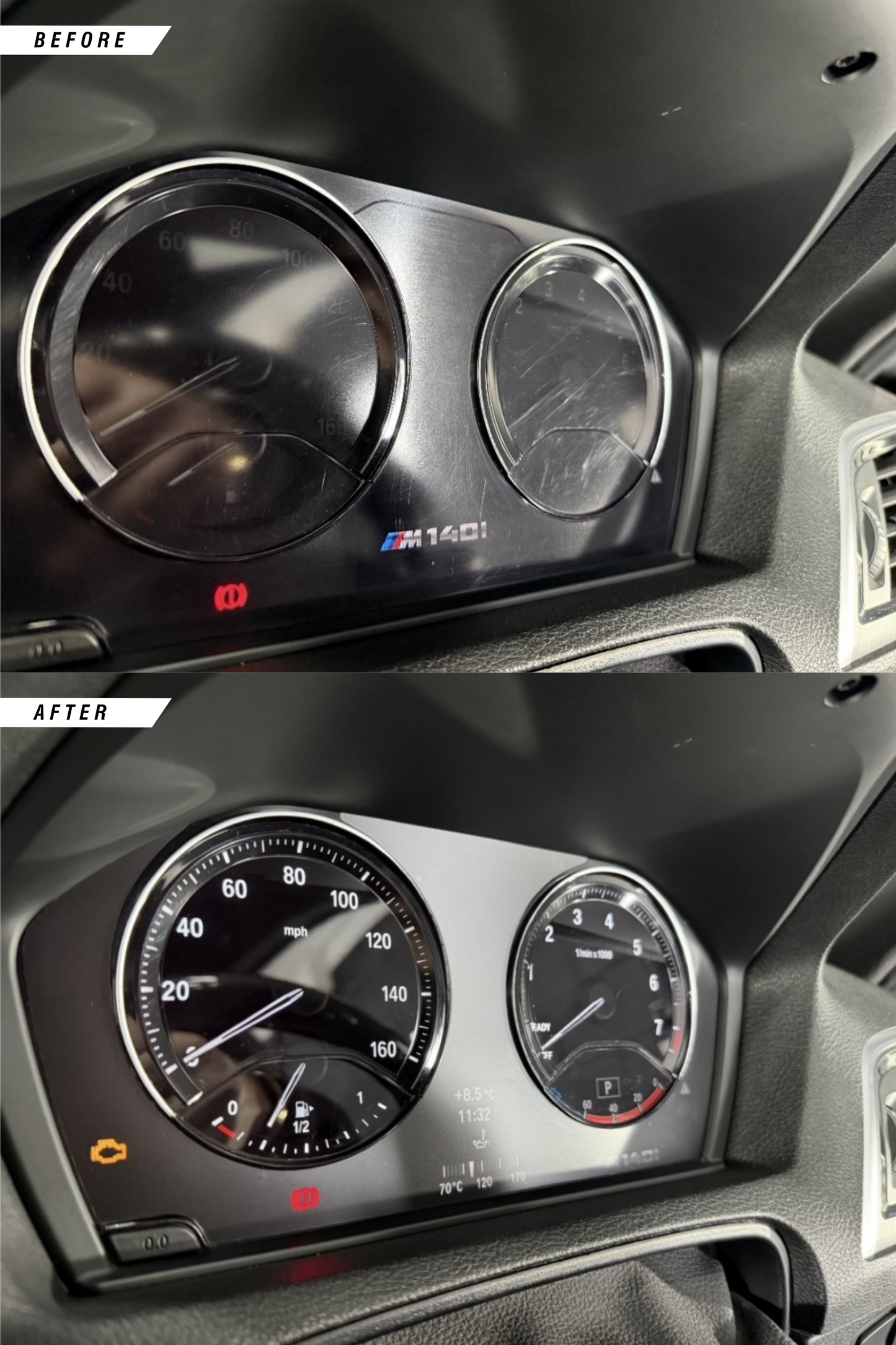BMW M140i Instrument Cluster kit before and after with Hybrid Gloss and Matte PPF installed. 