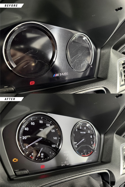 BMW M140i Instrument Cluster kit before and after with Hybrid Gloss and Matte PPF installed. 