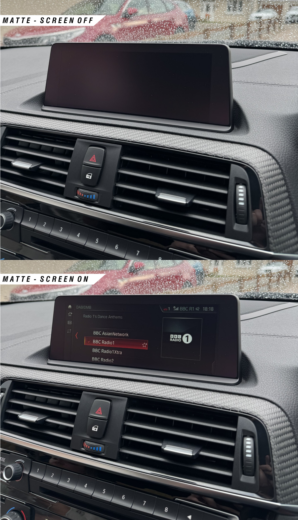 BMW F Series M2, M3 & M4 pro navigation screen protector, finished in satin anti glare PPF film. The top image shows the screen when off, whereas the bottom image shows the screen on, demonstrating the high clarity.