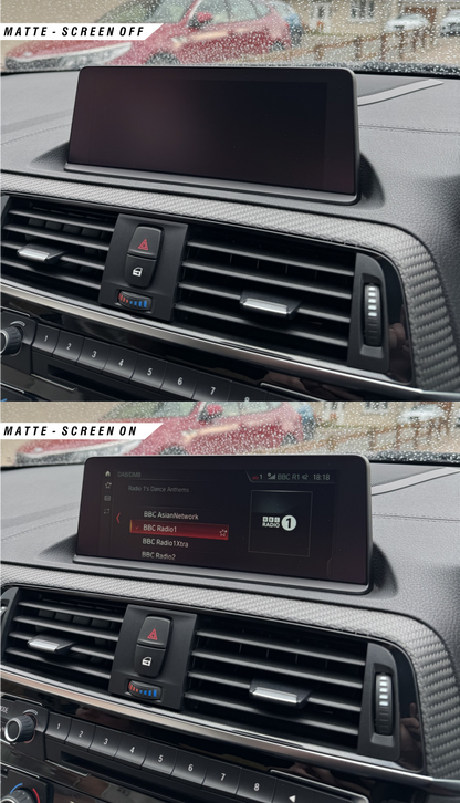 BMW F Series M2, M3 & M4 pro navigation screen protector, finished in satin anti glare PPF film. The top image shows the screen when off, whereas the bottom image shows the screen on, demonstrating the high clarity.