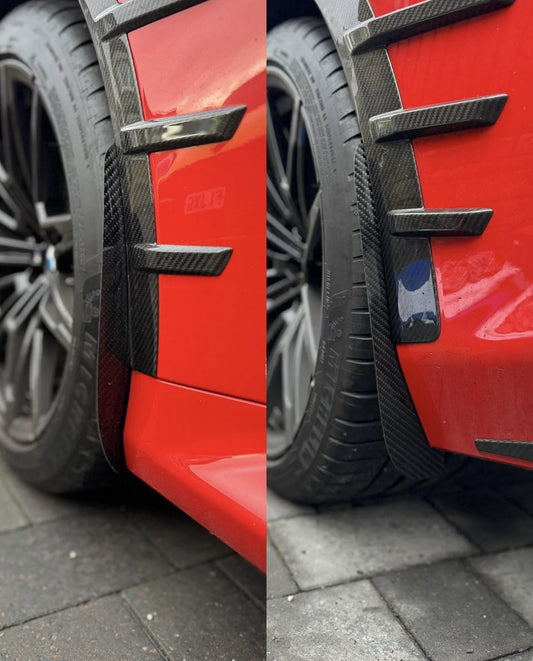 BMW M2 G87 front & rear arch guards finished in gloss carbon fibre, protecting the paintwork from stone chips, and road debris.