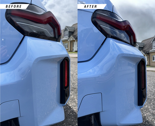 BMW M2 G87 model before and after comparison of the Reflector Tint in Medium. 