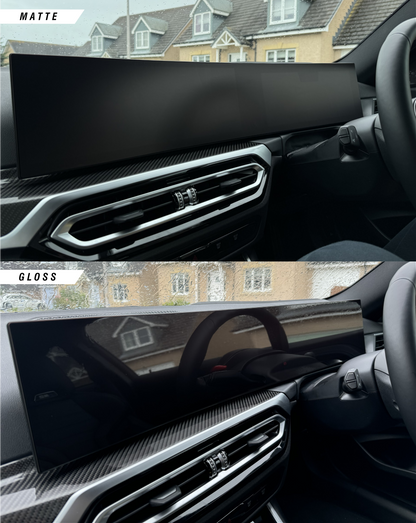 BMW iDrive 8 and iDrive 9 Instrument Cluster Navigation Screen Protection Film Kit showing comparison of the Matte and Gloss film.