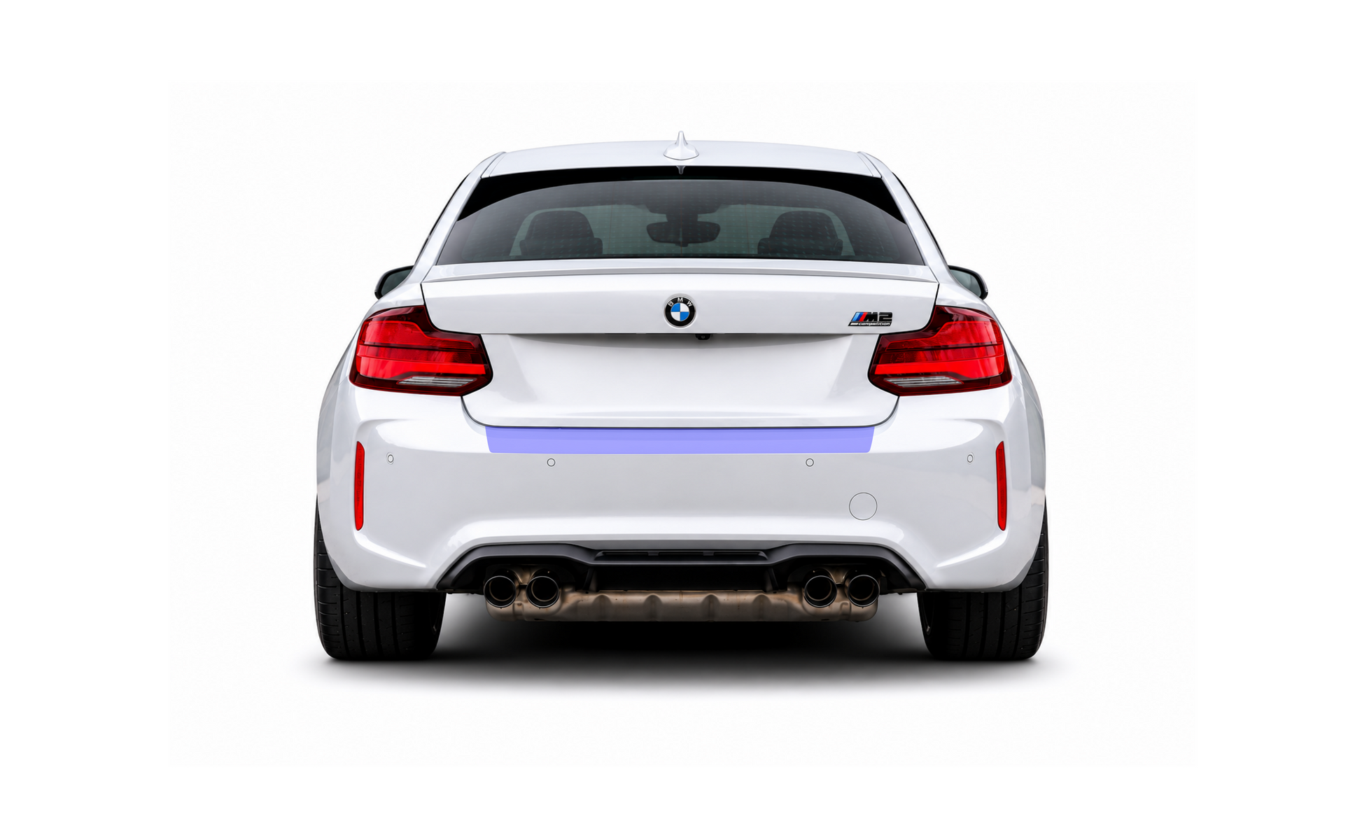 Coverage area of the BMW M2 F87 & 2 Series F22 F23 rear boot bumper trunk lip PPF protector kit.