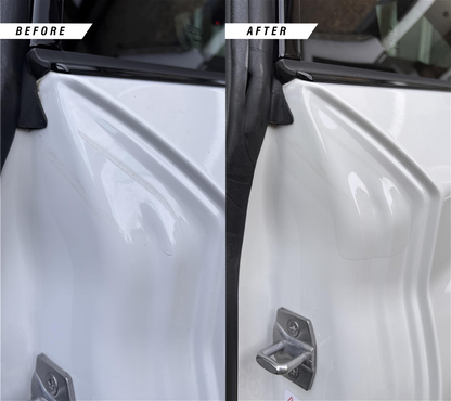 Before and after application of the Door Shut Paint Protection Kit for BMW 2 Series. 