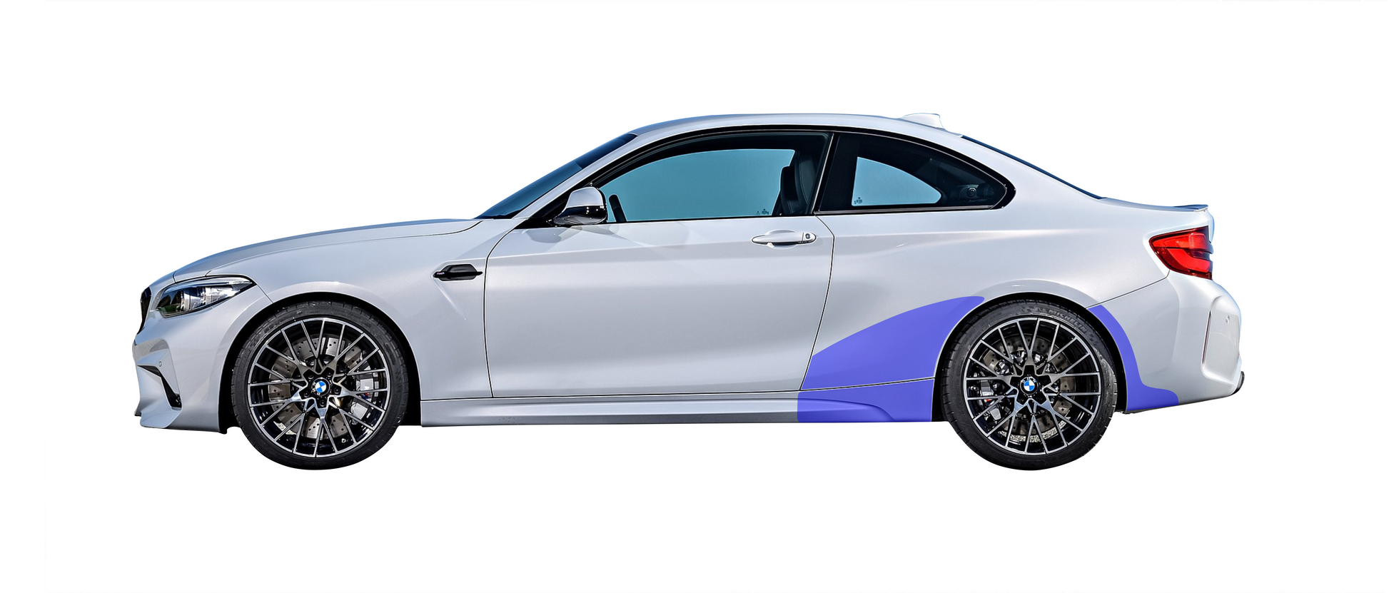 BMW M2 M2 Competition F87  coverage area for the replacement rear quarter, side skirt and rear bumper wheel arch protection kit.
