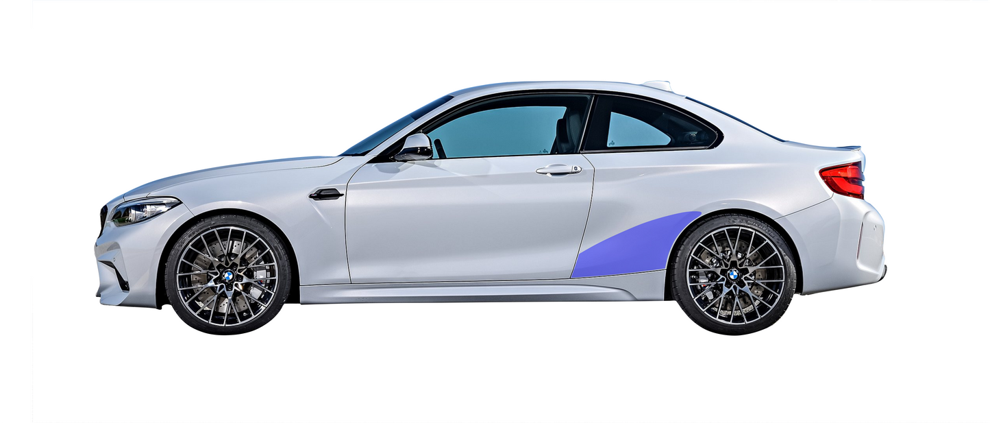 BMW M2 F87 Replacement Rear Quarter PPF highlighted replacement area. 