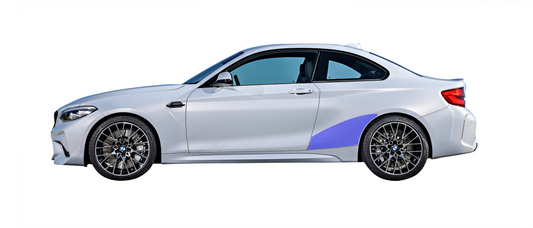 BMW M2 F87 Replacement Rear Quarter PPF highlighted replacement area. 
