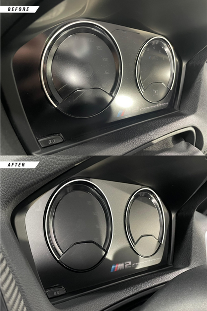 BMW M2 M2 Competition F Series Instrument Cluster before and after Matte PPF installation. 