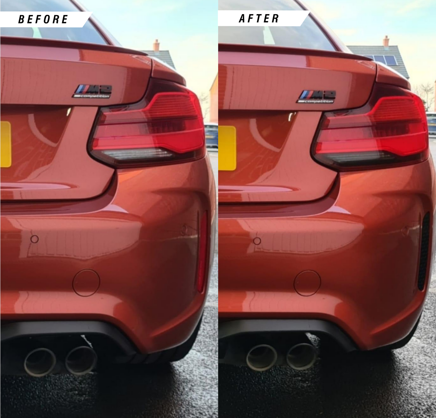BMW M2 M2C F87 Reverse Light Tint Kit Comparison Before and After installation.
