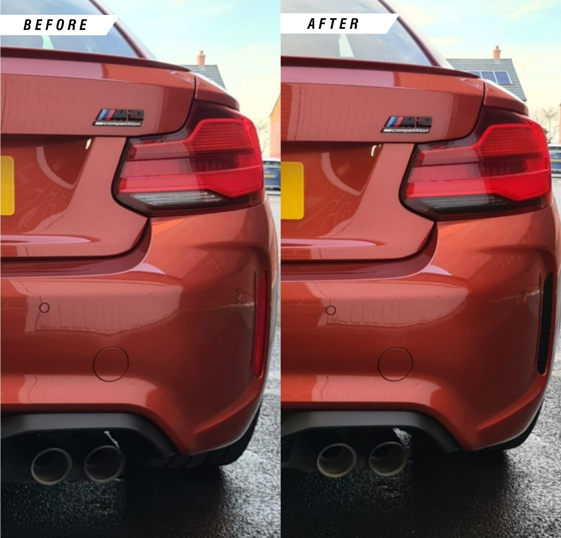 BMW M2 M2C F87 Reverse Light Tint Kit Comparison Before and After installation.