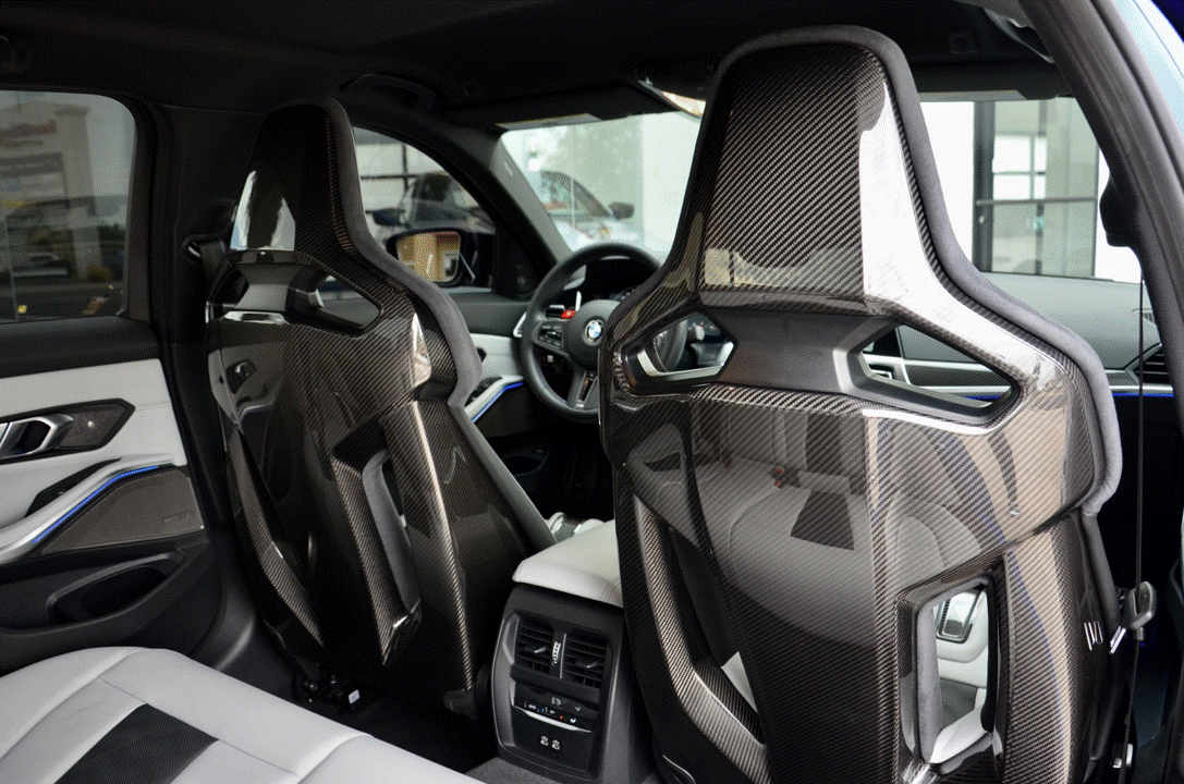 BMW M2, M3, M4 & M5 carbon fibre bucket seat PPF protection kit installed.