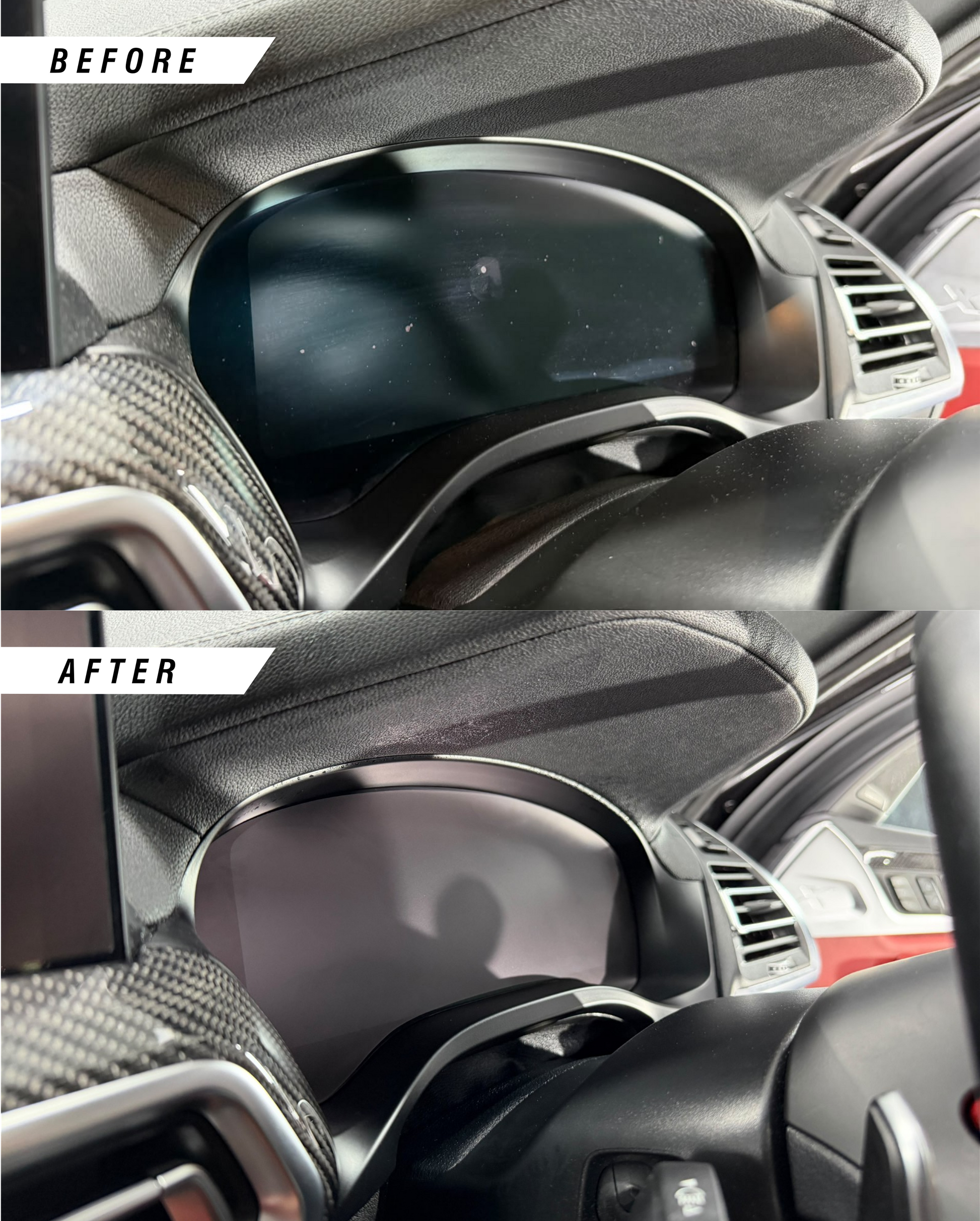 Before & after of BMW 2 Series, M2 G42 G87, 3 Series, M3 G20 G80, 4 Series, M4, G22 G82, 5 Series, M5, X3, X4 satin anti-glare iDrive 7 instrument cluster speedometer screen protector PPF installed.