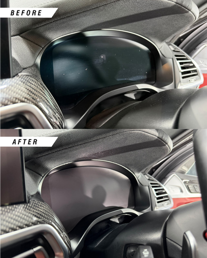 Before & after of BMW 2 Series, M2 G42 G87, 3 Series, M3 G20 G80, 4 Series, M4, G22 G82, 5 Series, M5, X3, X4 satin anti-glare iDrive 7 instrument cluster speedometer screen protector PPF installed.