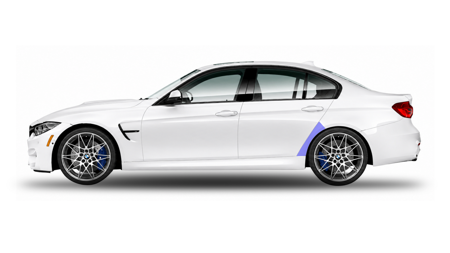 Illustration of a white BMW M3 & M3 Competition F80 side profile showcasing the placement of the larger rear quarter or arch PPF kit, protecting the entirely of the damage area unlike the BMW OEM unit.