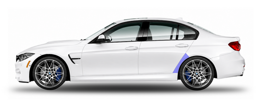 Illustration of a white BMW M3 & M3 Competition F80 side profile showcasing the placement of the larger rear quarter or arch PPF kit, protecting the entirely of the damage area unlike the BMW OEM unit.