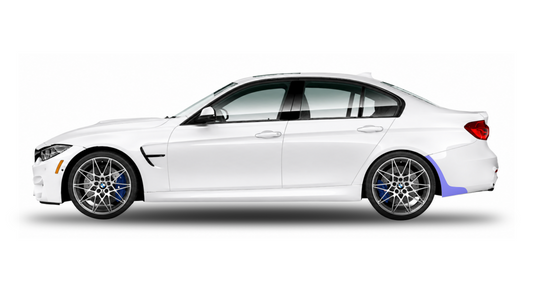 Illustration of a white BMW M3 & M3 Competition F80 side profile showcasing the placement of the paint protection film kits, including rear bumper arch.