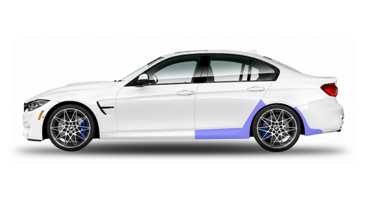 Illustration of a white BMW M3 & M3 Competition F80 side profile showcasing the placement of the paint protection film kits, including larger reach arch, side skirt, and rear bumper arch.