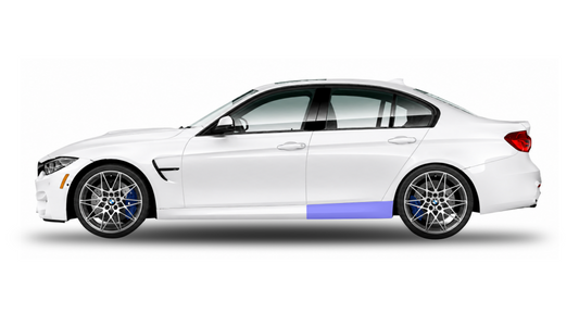 Illustration of a white BMW M3 & M3 Competition F80 side profile showcasing the placement of the paint protection film kits, including side skirt susceptible to road rash or damage.