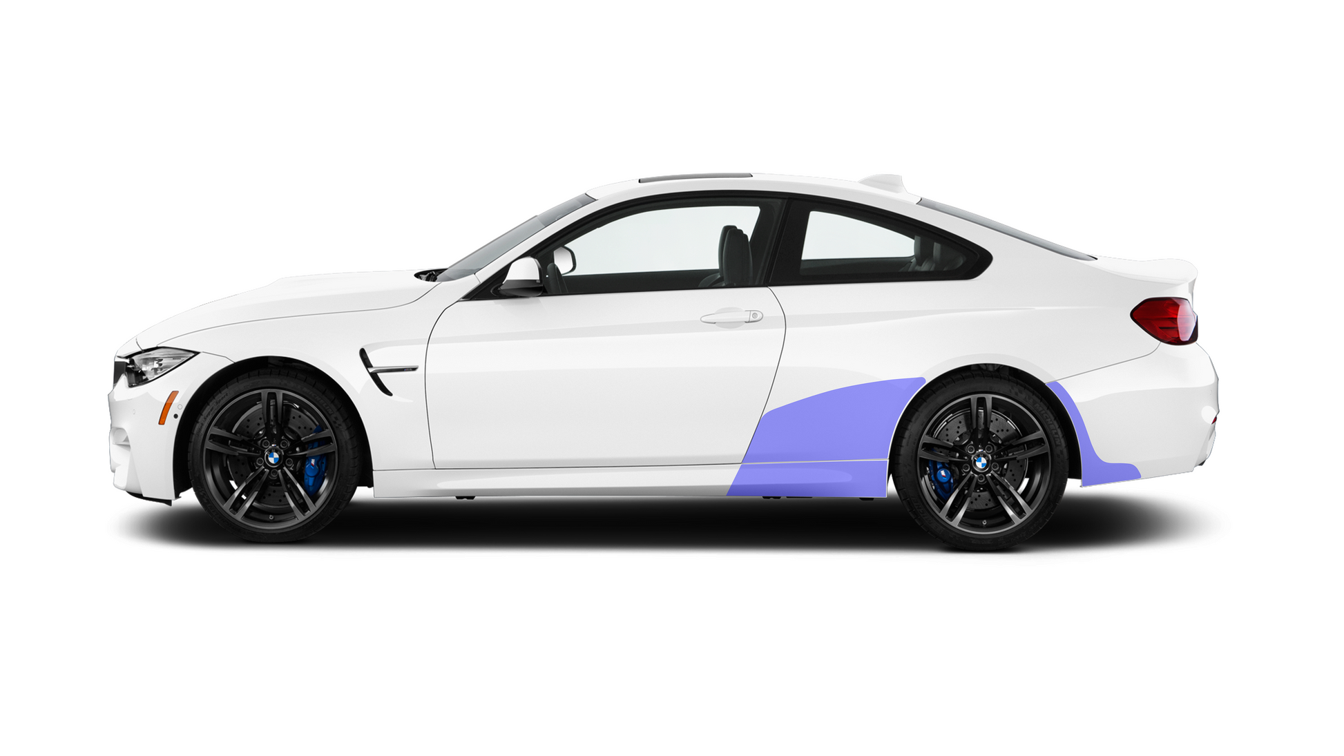 BMW M4 F82 F83 & 4 Series F32 F33 side profile PPF kit, demonstrating the coverage across the rear arches, side skirt and bumper wheel arch, protecting against stone damage, and road debris.