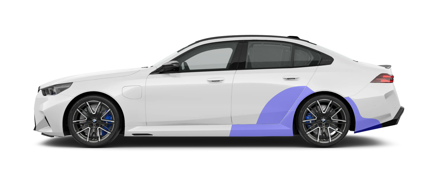 BMW M5 G90 sedan saloon side profile, featuring the coverage are of pre cut PPF kits protecting the rear arch quarters, side skirts and bumper arch from damage caused by road debris. 