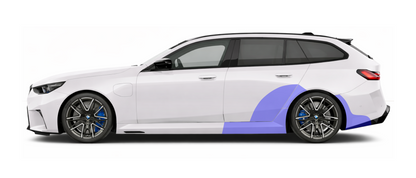 BMW M5 G99 touring side profile, featuring the coverage are of pre cut PPF kits protecting the rear arch quarters, side skirts and bumper arch from damage caused by road debris. 
