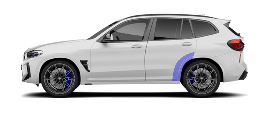 BMW X3 G01 & X3M F97 large rear quarter PPF kit to prevent road rash and stone damage to the side of the car.