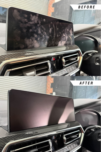 BMW X3 G01, X3M F97, X4 G02 & X4M F96 navigation media screen protector before and after, demonstating the anti-fingerpint properties.