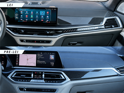 BMW X5 G05, X5M F97, X6 G06, X6M F96 interior PPF kit, covering the carbon fiber dashboard trim from wear, scratches and swirls.